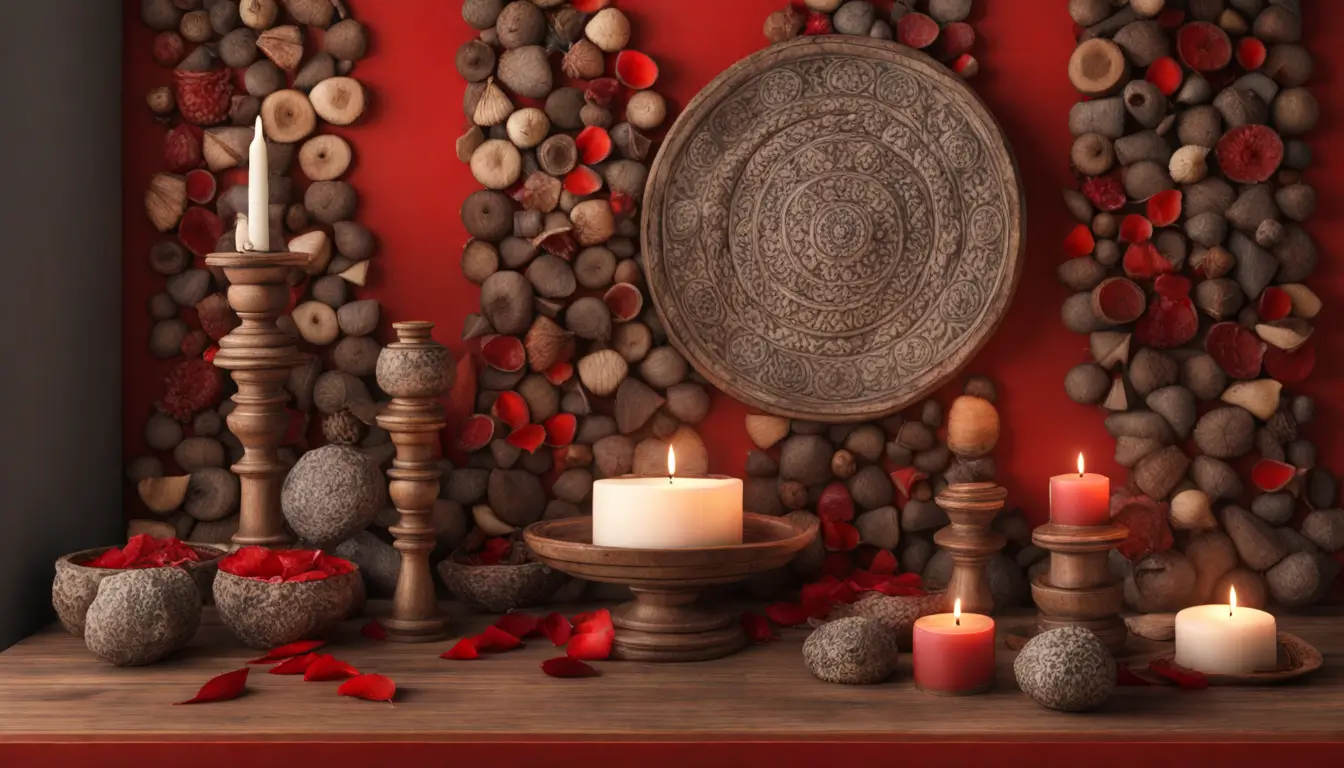 Mesa de madeira com pano vermelho, velas acesas e conchas de búzios abertas, mostrando suas mensagens, diante de uma parede de azulejos coloridos.