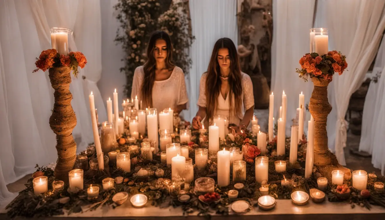 Ritual de Umbanda com altar decorado, velas, flores e estátuas de orixás, pessoas vestidas de branco em orações ao ar livre à noite.