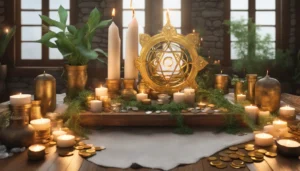 Altar com símbolo dourado, velas de várias cores e tamanhos, plantas verdes, cristais e tigela de moedas sobre mesa com toalha branca.