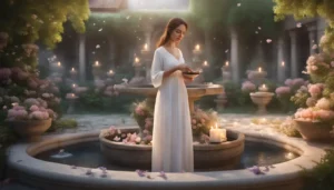 Mulher em um vestido branco em um jardim tranquilo ao lado de uma fonte de pedra com água e pétalas de flores, segurando uma tigela de ervas e velas ao seu redor.