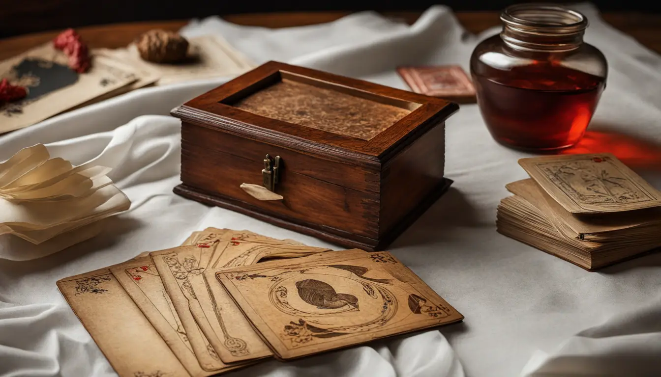 Cartas de tarô de Marselha dispostas em leque sobre uma mesa de madeira antiga, com uma vela acesa e um cristal ao lado.