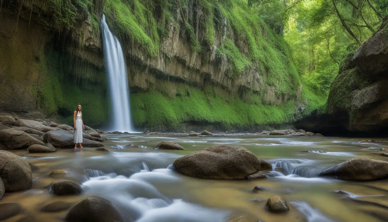 Pessoa meditando em posição de lótus em um ambiente natural com árvores, cachoeira e caminho de pedras ao redor.