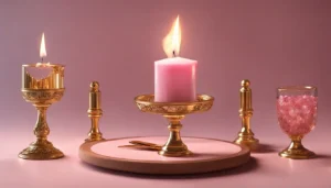 Mesa de madeira com cartas de tarô, vela acesa em candelabro dourado e cristal de quartzo rosa.