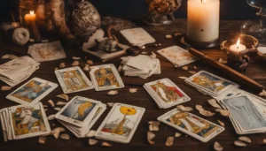 Uma mesa de madeira escura com cartas de tarot, vela acesa, cristal transparente, caderno aberto e caneta.