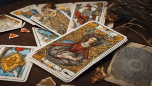 Mesa de madeira escura com cartas de tarot, uma vela acesa à esquerda e um cristal transparente à direita.