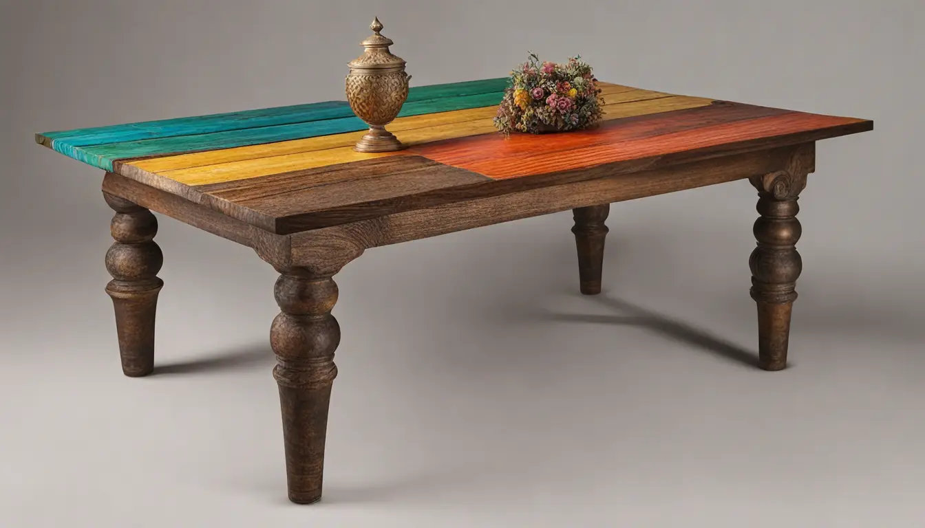 Mesa de madeira com conchas de búzios, vela acesa em candelabro de bronze e colar de miçangas coloridas, com céu noturno ao fundo.