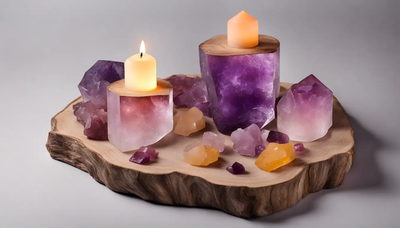 Mesa de madeira com três cristais coloridos e velas acesas, iluminada por luz natural de uma janela ao fundo.