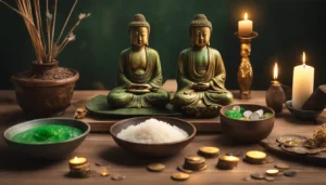 Mesa de madeira com uma vela verde, moedas, cristais, tigela de arroz e uma pequena estátua de Buda.