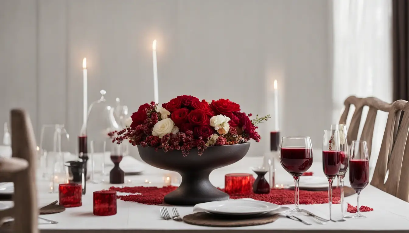 Mesa redonda com toalha branca, velas vermelhas acesas, prato com maçãs, arranjo de flores e cálice de vinho tinto.