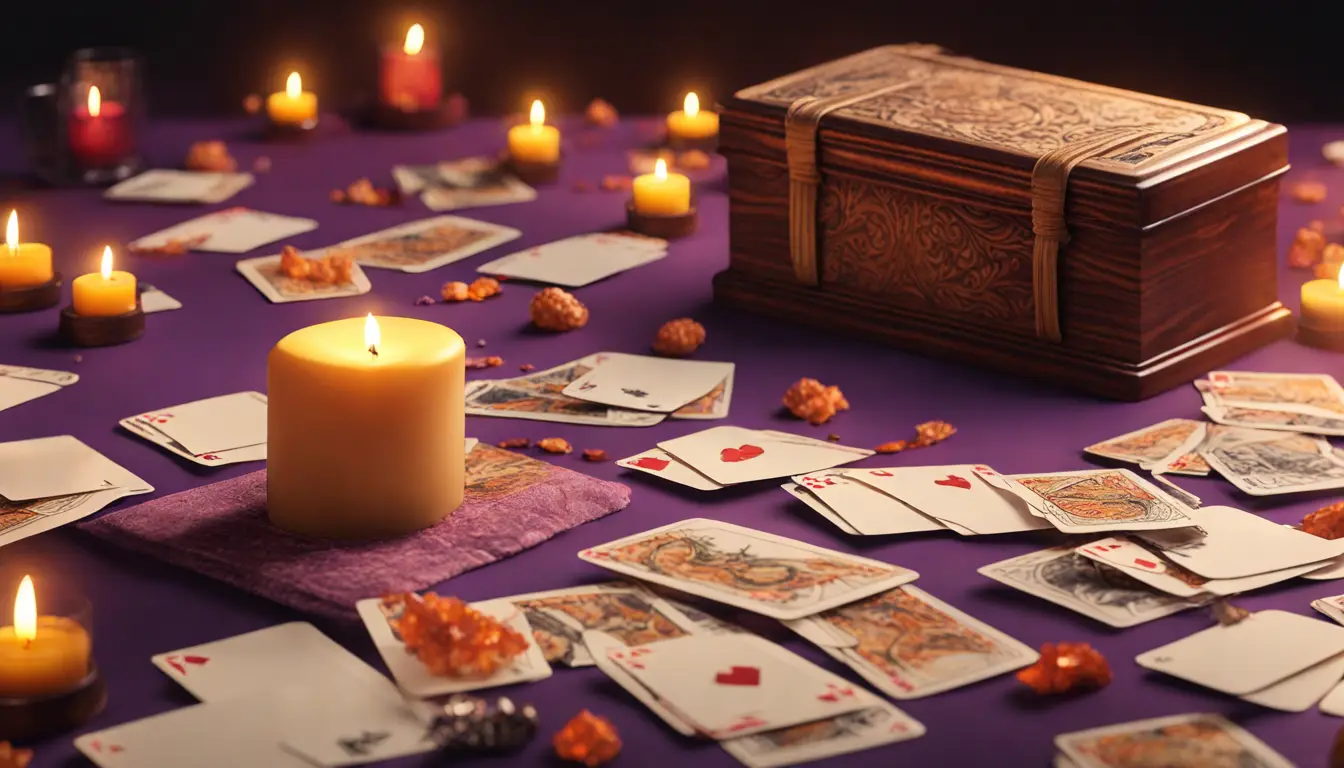 Mesa de madeira escura com cartas de tarô, bola de cristal no centro, velas acesas ao redor e fundo de cortinas de veludo roxo.