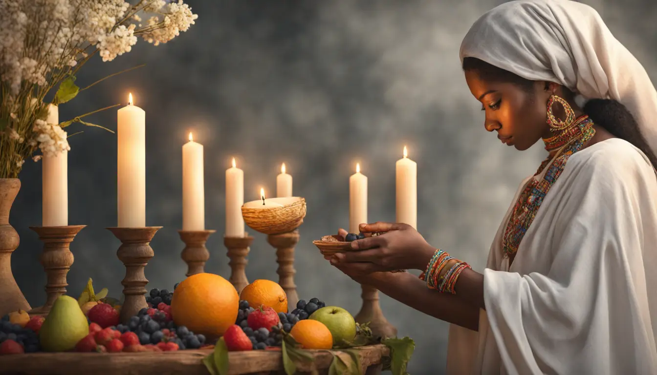 Mulher de pé com roupas brancas de Umbanda segurando vela acesa em um altar com flores, frutas e símbolos religiosos.