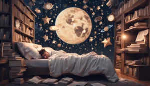 Pessoa dormindo em uma cama com um balão de pensamento acima da cabeça cheio de símbolos como livros, relógios e estrelas.