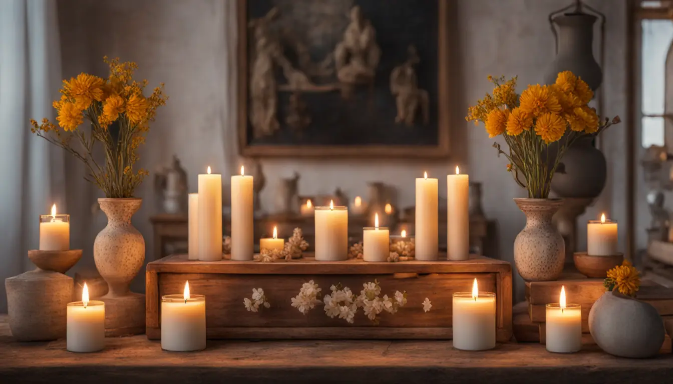 Altar de Umbanda com velas, estátuas de orixás, flores brancas e amarelas sobre mesa de madeira ao entardecer.