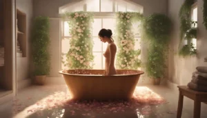 Pessoa em banheira de madeira com água clara e pétalas de flores, cercada por plantas verdes e luz suave.