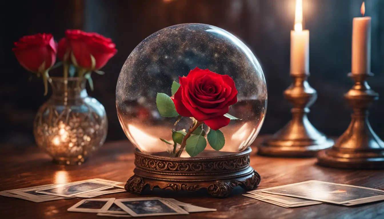 Bola de cristal mística sobre mesa de madeira com cartas de tarô e rosa vermelha ao lado.