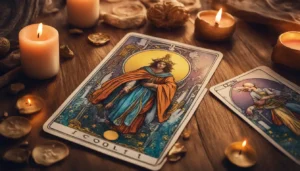 Cartas de tarot detalhadas com a carta do Louco no centro, bola de cristal e vela acesa em mesa de madeira iluminada.