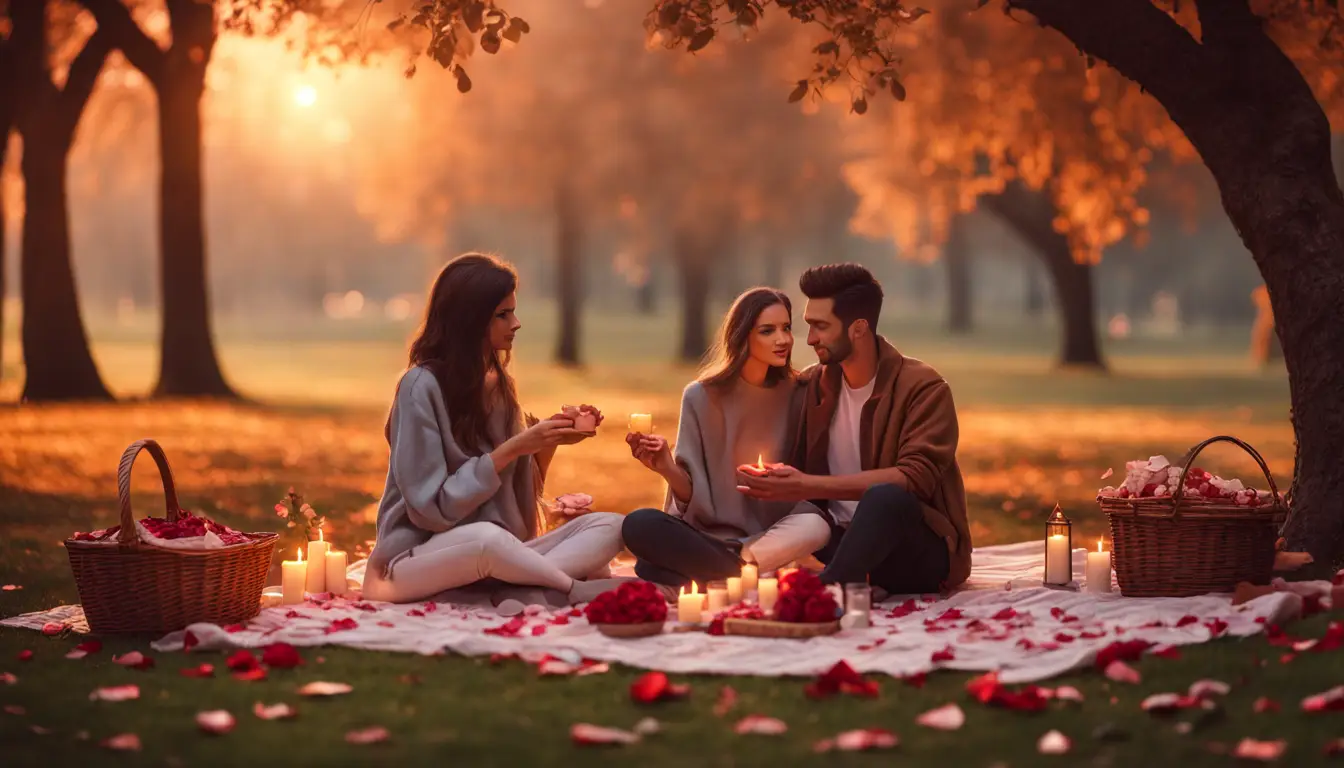 Casal em um parque ao pôr do sol, sentado em uma toalha de piquenique cercado por velas acesas e pétalas de rosa.