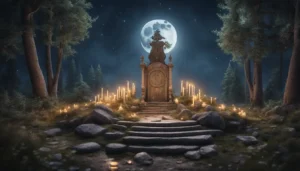 Clareira florestal com altar de pedra, velas, ervas e cristais sob lua cheia e céu estrelado.