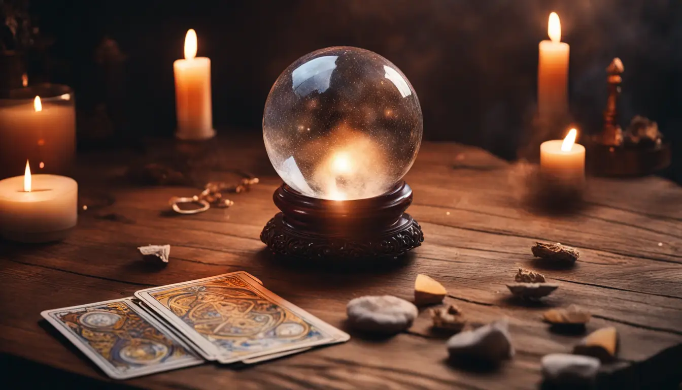 Bola de cristal com cartas de tarô abertas em uma mesa de madeira, rodeada por fumaça de incenso e luz de velas.