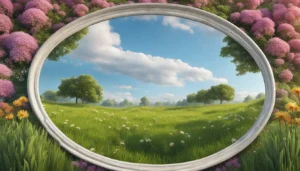 Paisagem com espelho refletindo o céu azul, cercado por grama verde e flores coloridas de diferentes tamanhos.