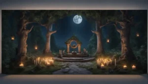 Clareira de floresta noturna com altar iluminado por velas, adornado com ervas, caldeirão e estátuas sob céu estrelado.