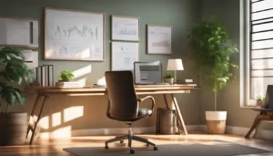 Escritório em casa tranquilo com documentos financeiros organizados na mesa e laptop com gráfico financeiro.