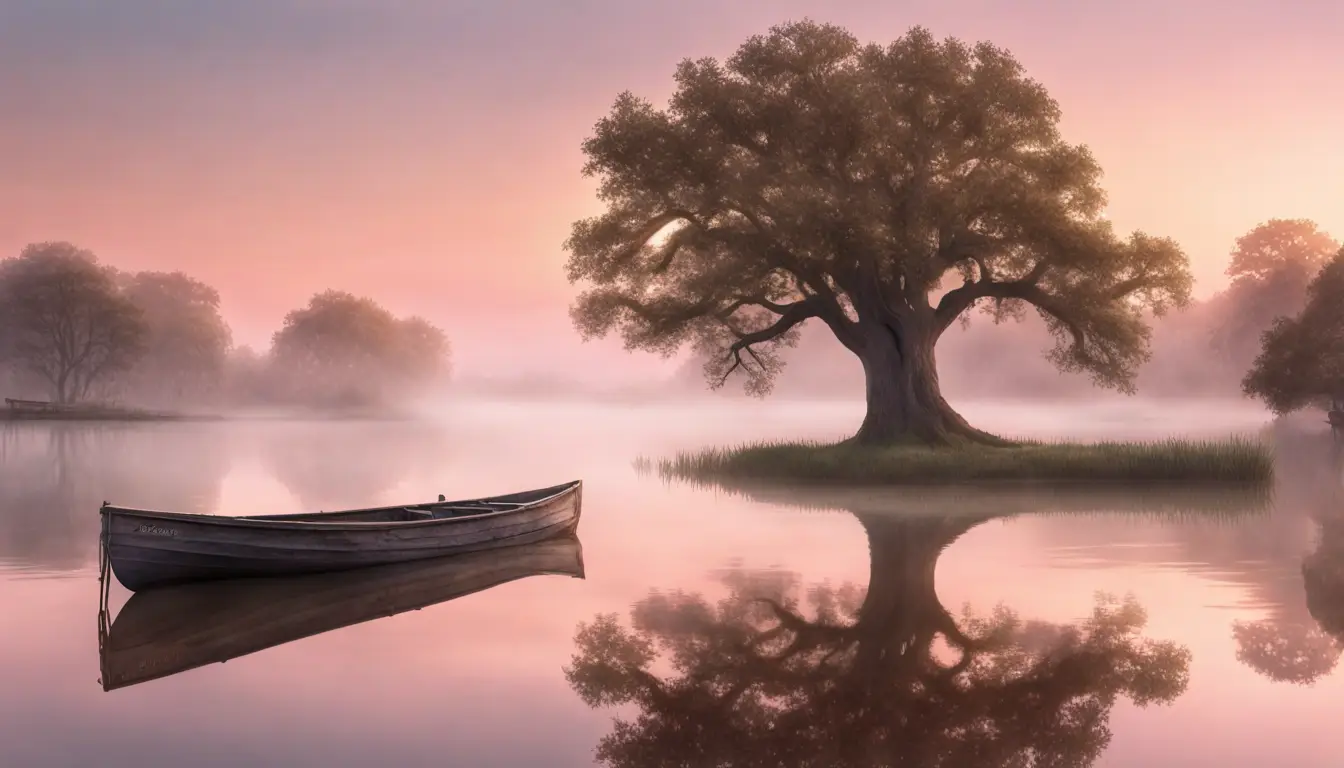 Lago sereno ao amanhecer com um antigo carvalho e barco ancorado em um cais, céu em tons de rosa e laranja.