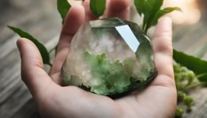 Mão segurando um cristal de quartzo cercado por ametistas e turmalinas sobre uma estante de madeira com plantas.