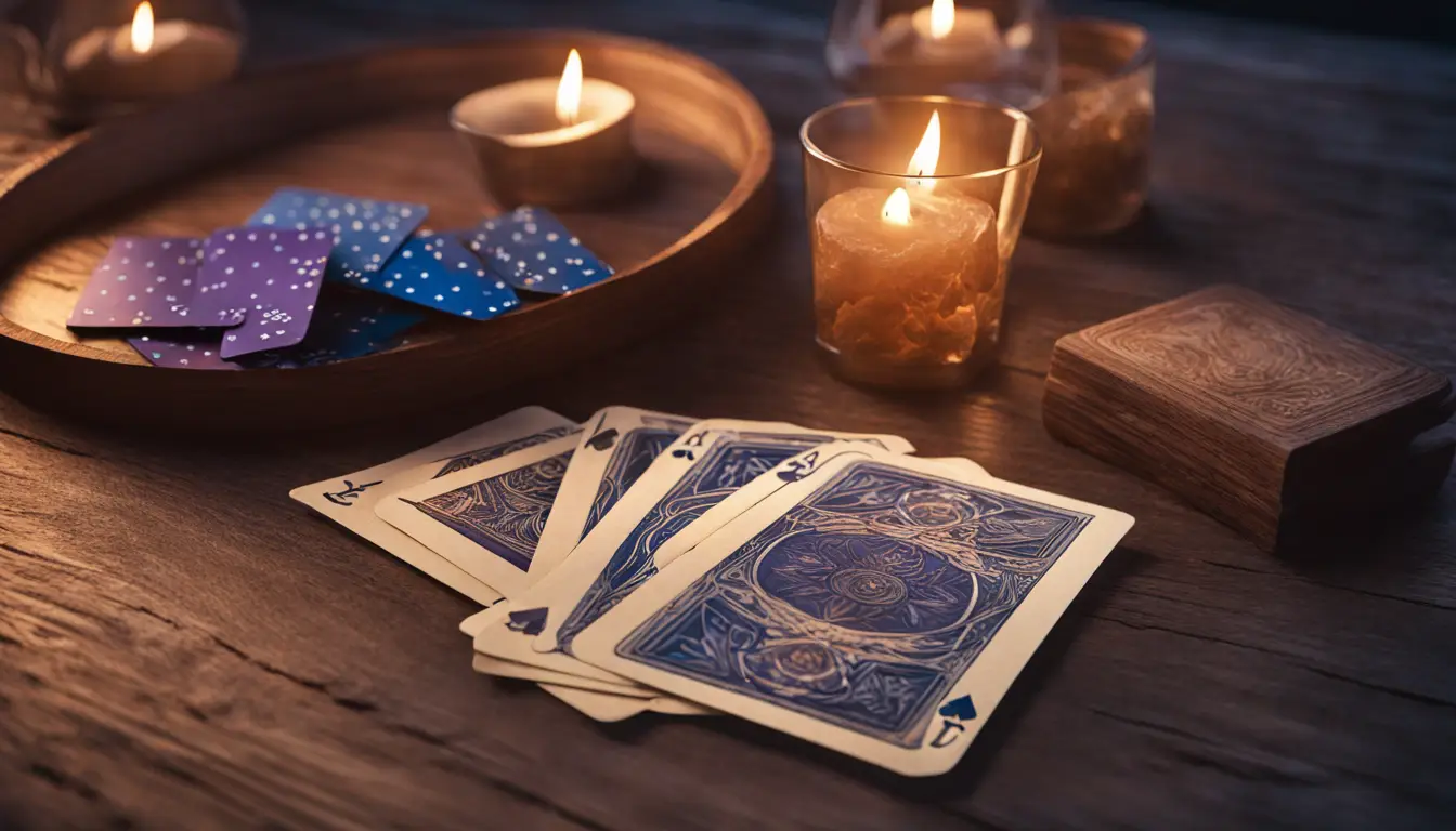 Mesa com cartas de tarô, vela acesa, cristal roxo e pena azul.