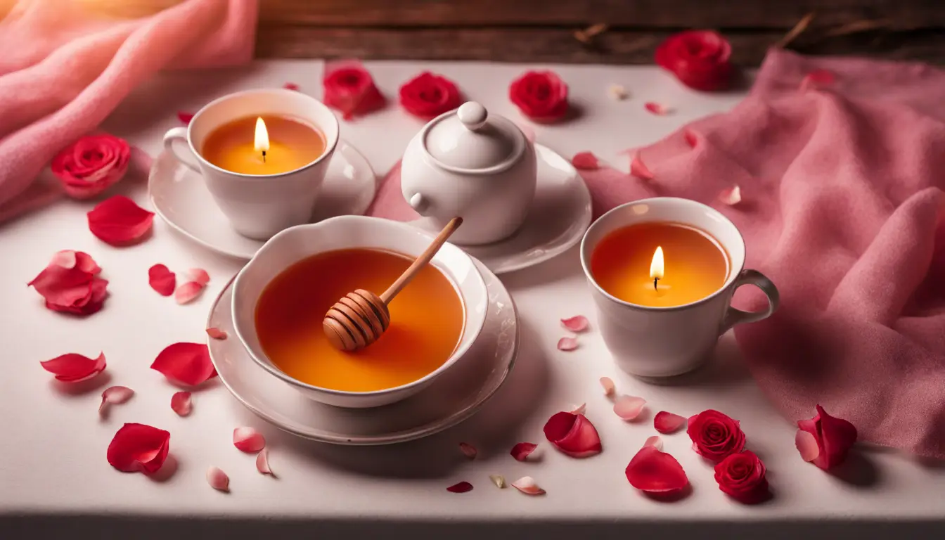 Mesa com toalha vermelha, tigela de mel, duas velas rosas, pétalas de rosa e duas xícaras brancas iluminadas.