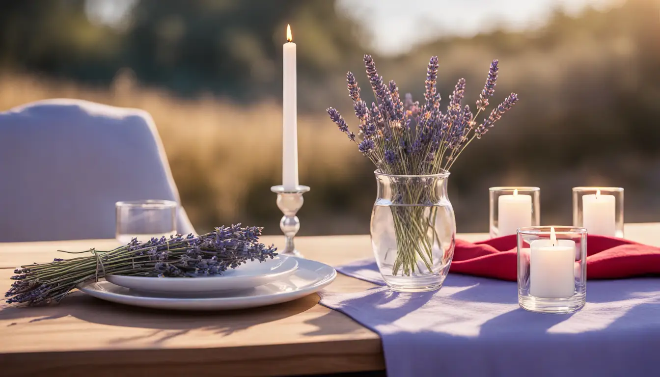 Mesa de madeira com velas brancas, vaso de lavanda e pano vermelho ao ar livre sob céu azul e luz do sol.