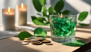 Mesa de madeira com folhas verdes, cristais coloridos, vela acesa, tigela de moedas e copo de água sob luz suave.