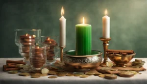 Mesa com velas, pau de canela, moedas, toalha verde e dourada, e tigela de cristal com água no centro.
