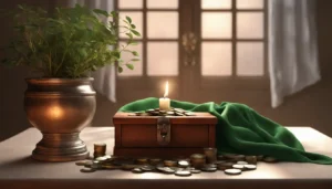 Mesa com toalha verde, vela acesa em suporte de prata, tigela de vidro com moedas, planta em vaso e caixa de madeira com cadeado dourado.