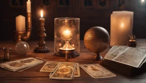 Mesa de madeira com cartas de tarô dispersas, vela acesa à direita e esfera de cristal refletindo luz.