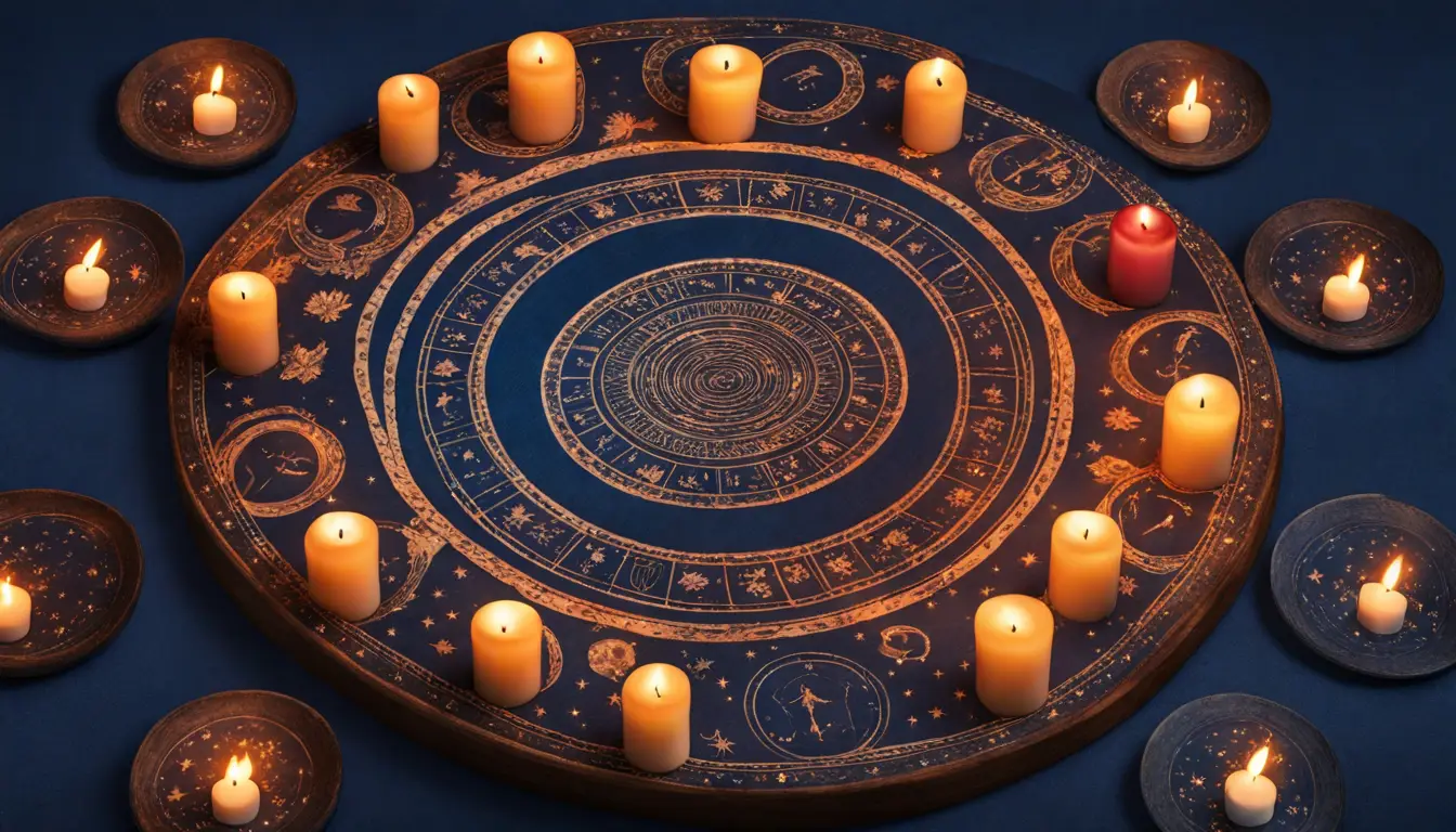 Mesa redonda com toalha estampada de símbolos do zodíaco, cercada por doze velas acesas em fundo estrelado azul.