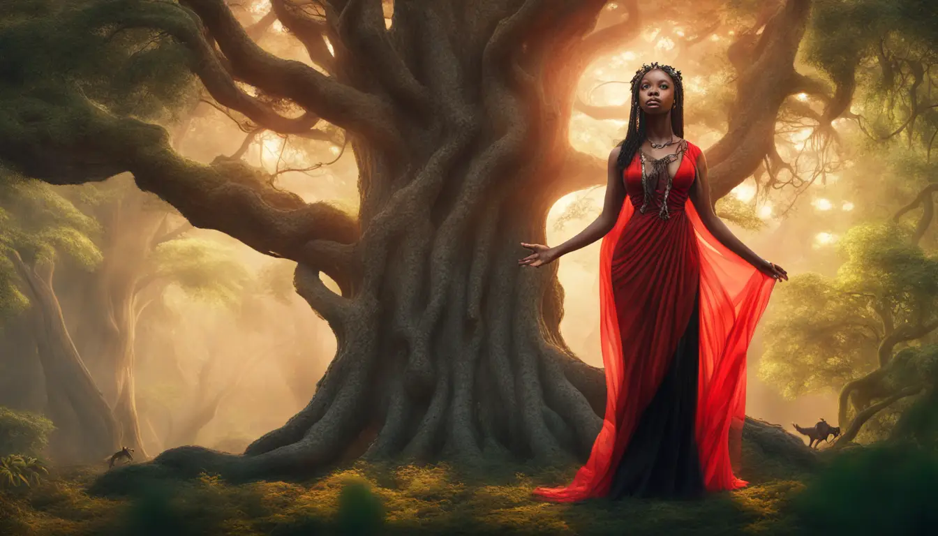 Mulher forte em vestido vermelho e preto em floresta mística ao pôr do sol, cercada por orbes de luz e árvores antigas.