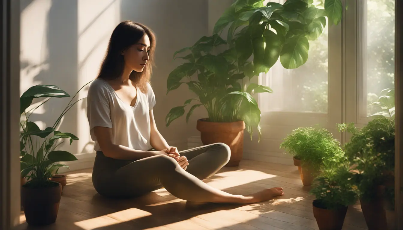 Mulher sentada em posição de lótus cercada por plantas verdes com luz suave entrando pela janela.