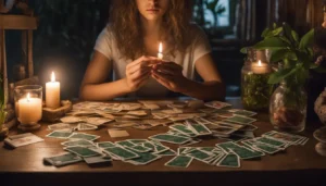 Mulher jovem em mesa com cartas de tarô, bola de cristal, velas, livros antigos e plantas verdes ao redor.