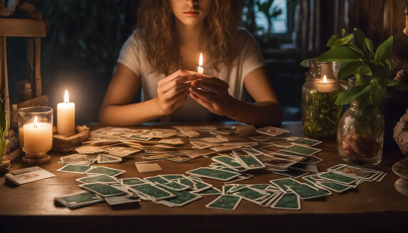 Mulher jovem em mesa com cartas de tarô, bola de cristal, velas, livros antigos e plantas verdes ao redor.