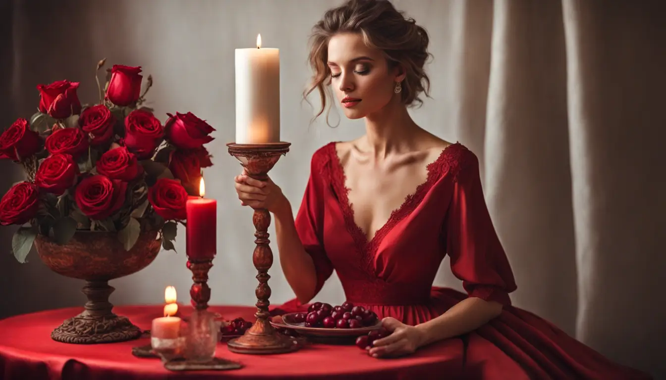 Mulher com vestido vermelho em mesa com velas, rosas brancas e vinho tinto, cortinas vermelhas ao fundo.