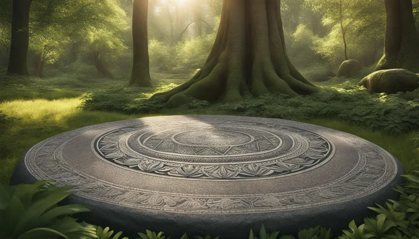 Pedra circular com mandalas esculpidas em uma clareira de floresta, cercada por folhagem verde e luz suave.