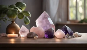 Pedras de cristal polidas em uma mesa de madeira com uma vela acesa ao lado, em um ambiente iluminado suavemente.