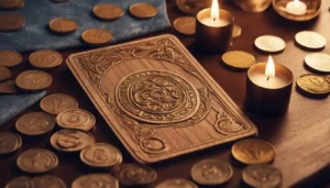 Tarot card with coin motif on a table with scattered coins and a lit candle.