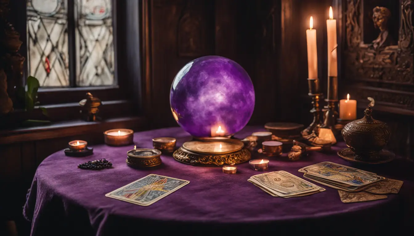 Mesa redonda de madeira com toalha de veludo roxa, cartas de tarô, velas acesas, bola de cristal e incensário de latão.