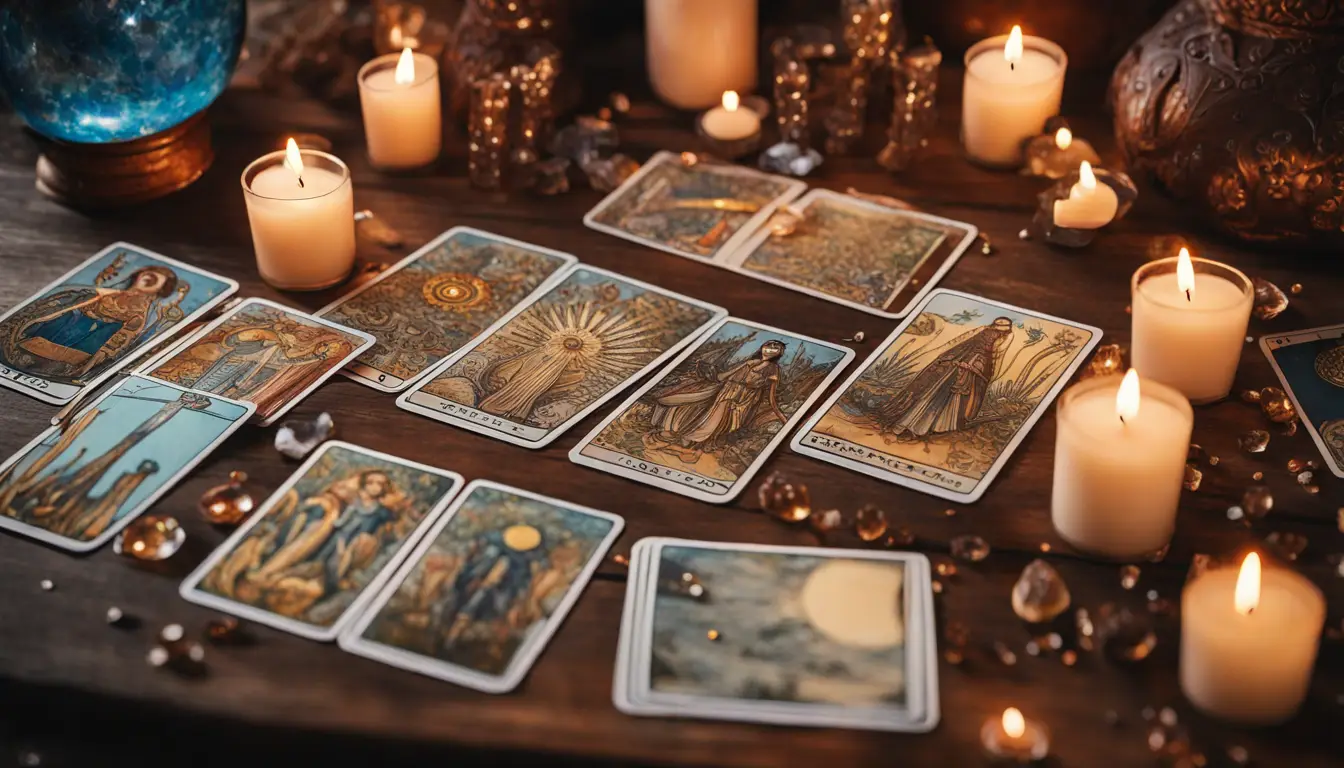 Cartas de tarot coloridas e detalhadas sobre mesa com velas e cristais ao redor.