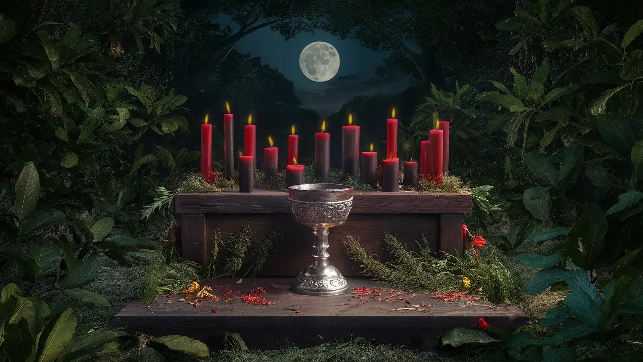 Altar de madeira com velas vermelhas e pretas em clareira de floresta sob lua cheia.