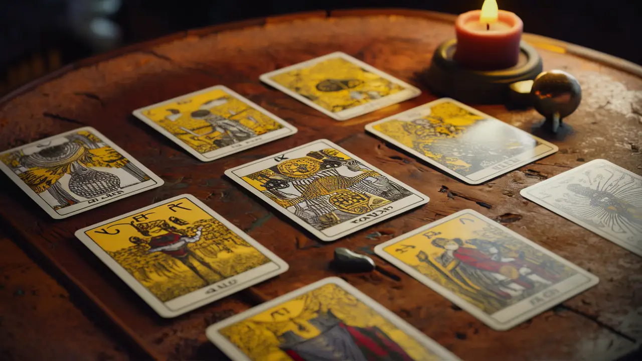 Cartas de tarô espalhadas em uma mesa de madeira com uma vela acesa e uma bola de cristal pequena ao lado.