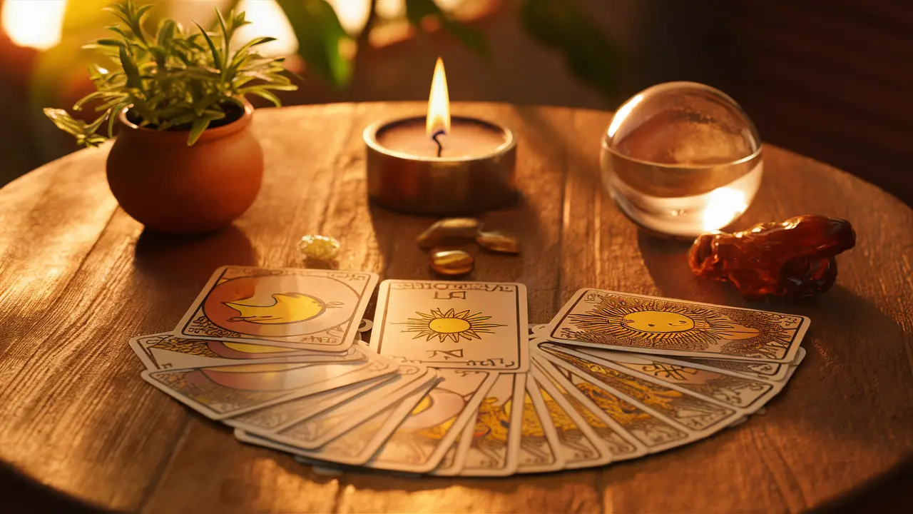 Cartas de tarô sobre a mesa com uma vela acesa, bola de cristal e planta em vaso de barro sob luz dourada.