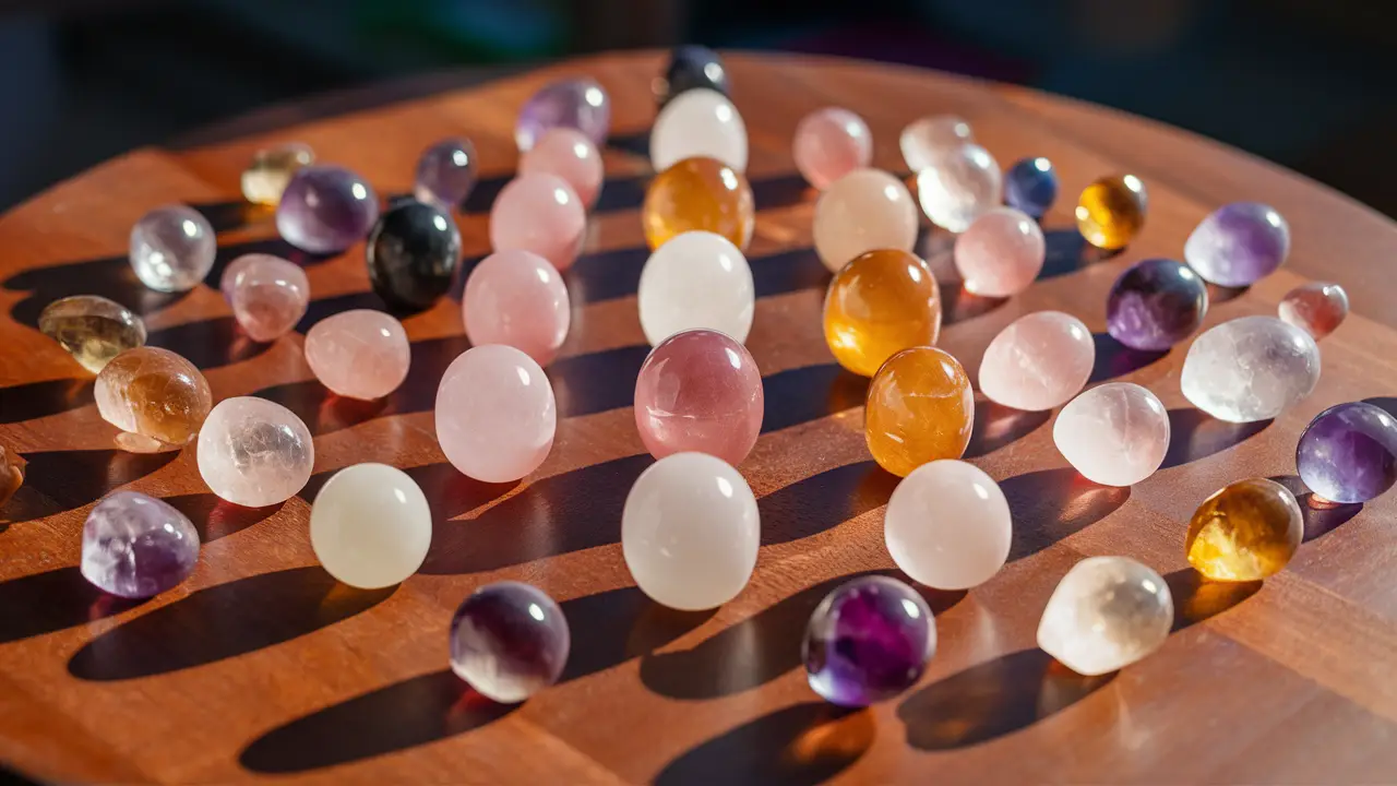 Conjunto de cristais polidos como ametista, quartzo rosa e citrino em uma mesa de madeira iluminada pelo sol.